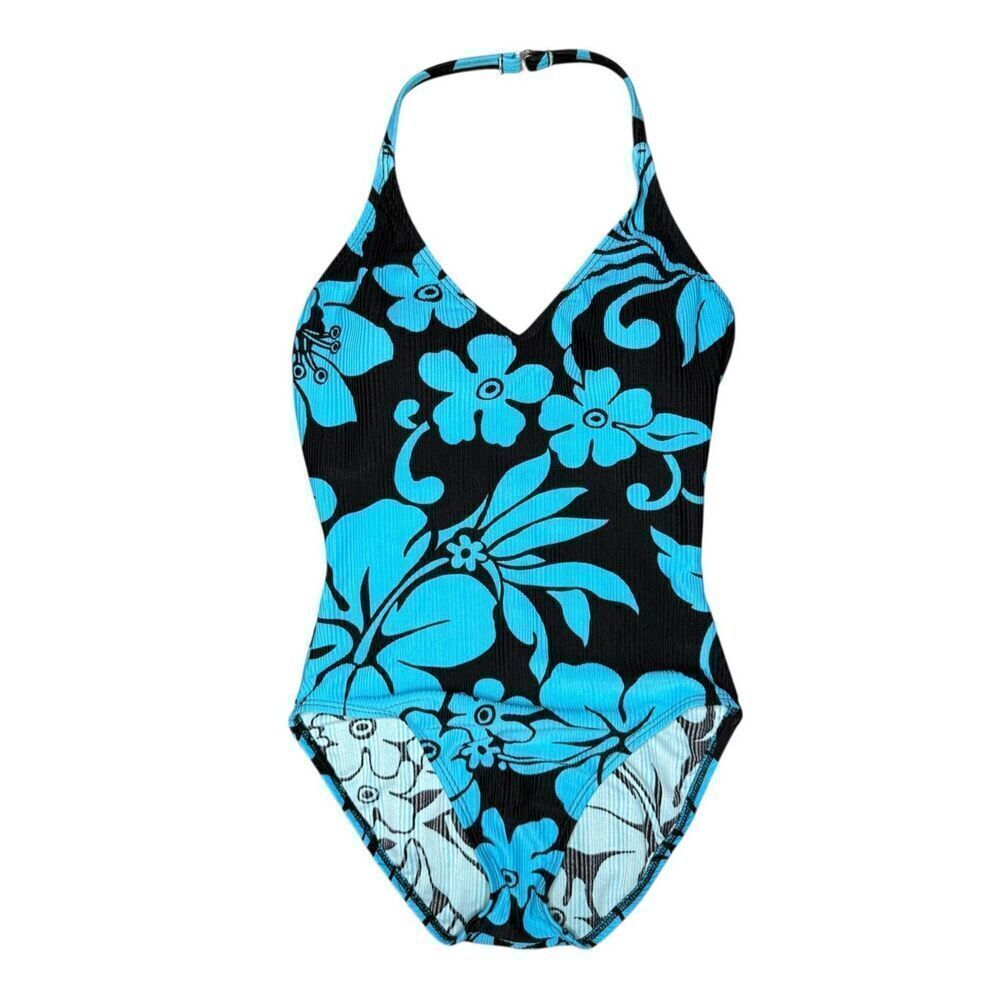 Vintage Cole of California Women’s 8 One Piece Swimsuit Black‎ Blue Floral 90s